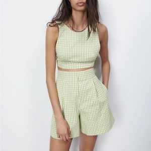 NWT Zara Pistachio Gingham High-Waisted Shorts And  Crop Top Bundle Coord Set